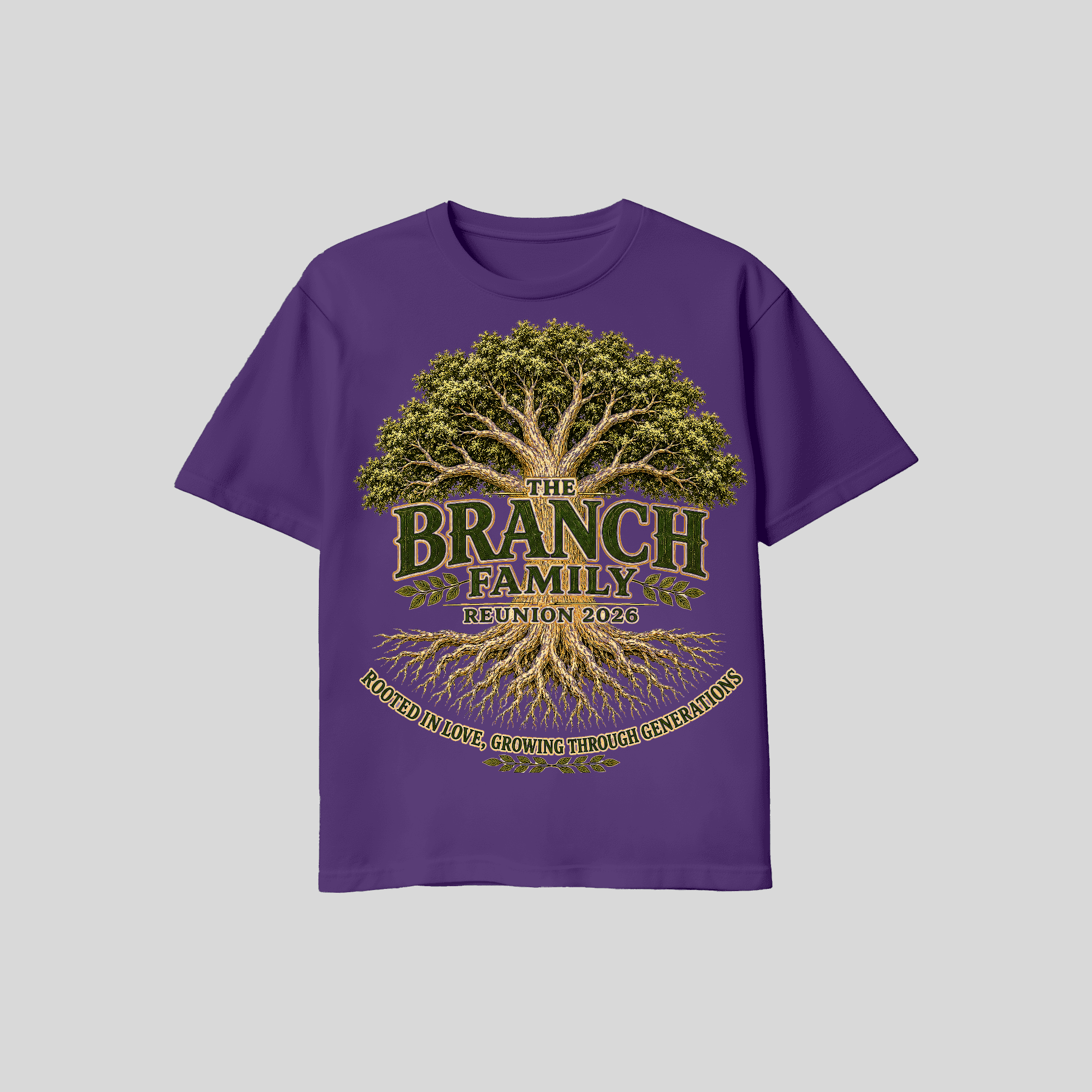 Branch Family Reunion 2026 tee front with family tree graphic